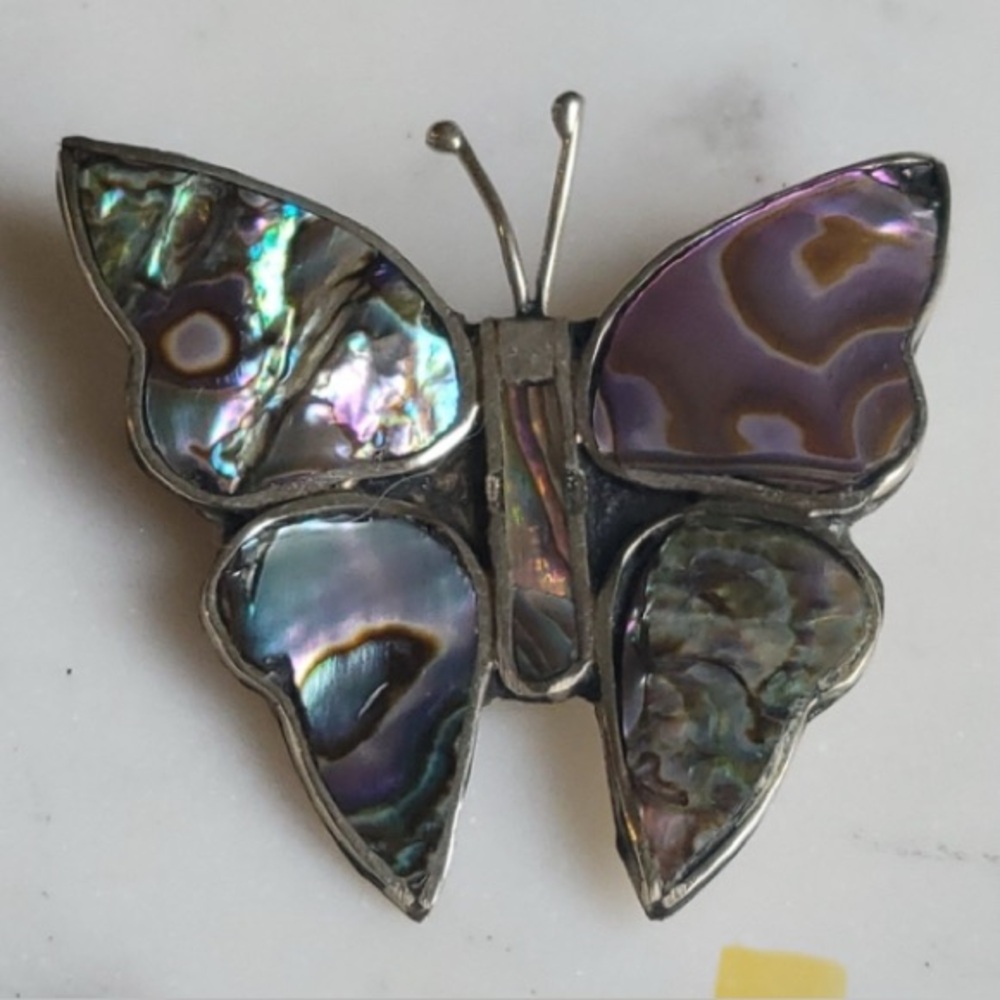 Vintage Alpaca Silver Abalone Butterfly Brooch